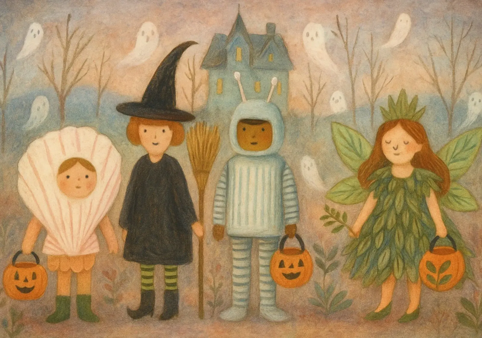 Halloween Fun Kunstdruk: Grillige kinderen, spoken & spookhuizen canvas met Baklijst van vintagepod