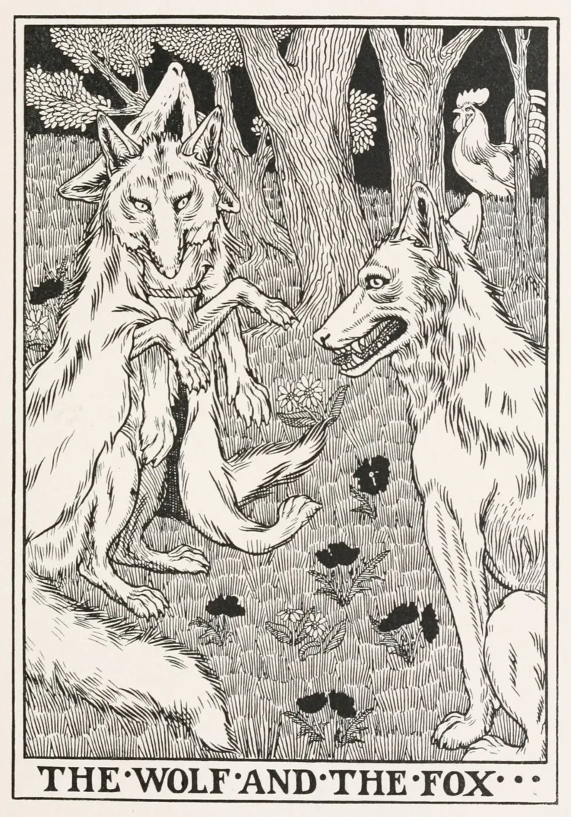 "Il lupo e la volpe": Illustrazione di libri d'epoca poster con telaio in legno da vintagepod