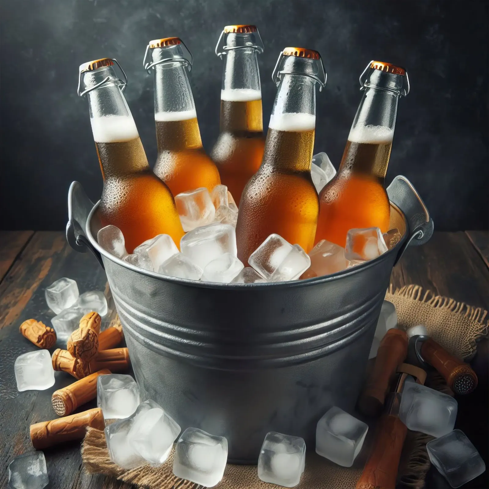 Bouteilles de bière dans le seau avec de la glace. poster avec cadre en plastique de 🥩 The tasty wall