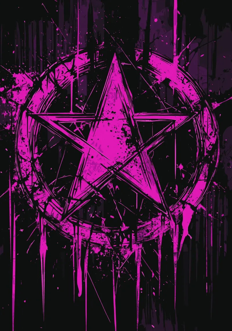 Pentagramma in rosa neon su nero poster con telaio in legno da pixelbull - medieval art and more