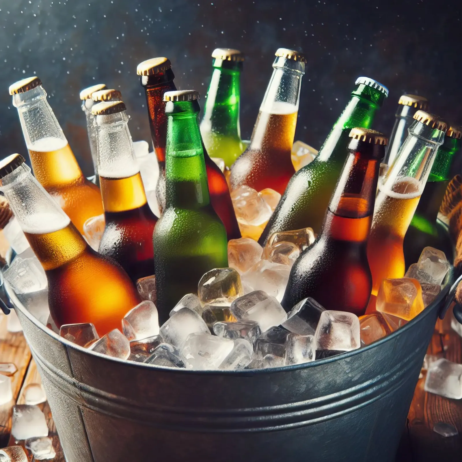 Bottiglie di birra nel secchio con ghiaccio. poster con telaio in plastica da 🥩 The tasty wall