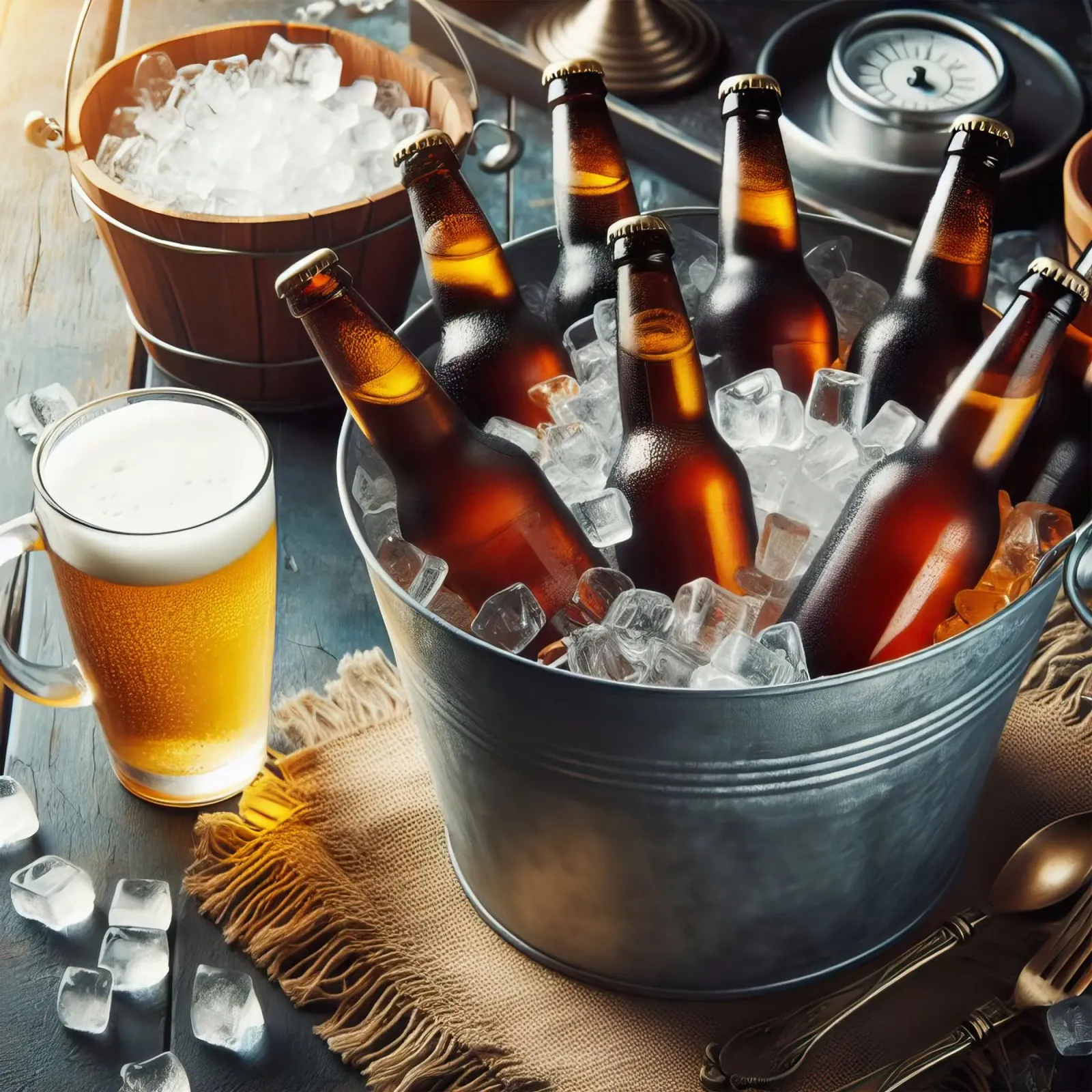 Bottiglie di birra nel secchio con ghiaccio. poster con telaio in plastica da 🥩 The tasty wall