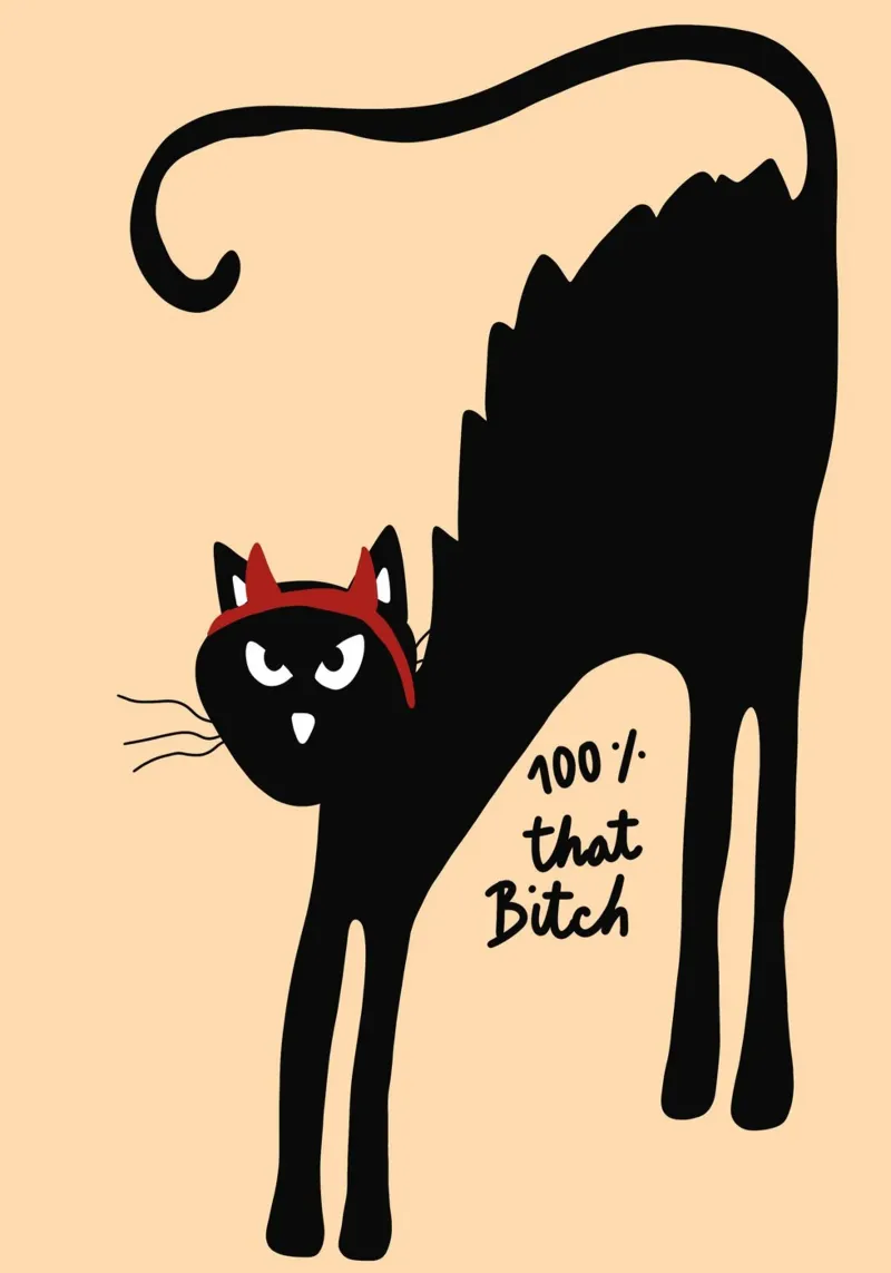 Poster del gatto "100% That Bitch", arte di Halloween sgargiante tela con Cornice a cassetta da vintagepod