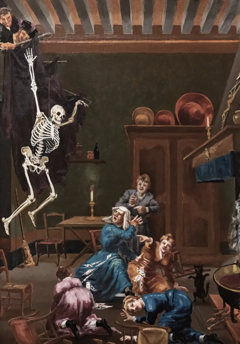 Il falso scheletro, dipinto d'epoca, interno gotico tela con Cornice a cassetta da vintagepod