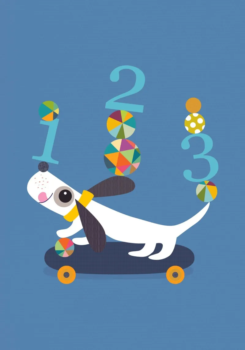 Cachorro juguetón en monopatín con números lienzo con Marco flotante de JaySan Studio