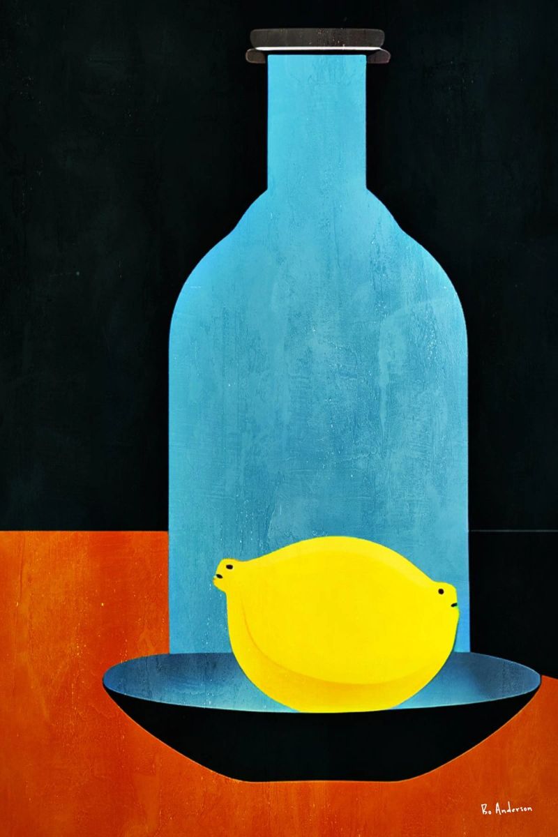 Blue Bottle With (Happy) Lemon Poster von Bo Anderson