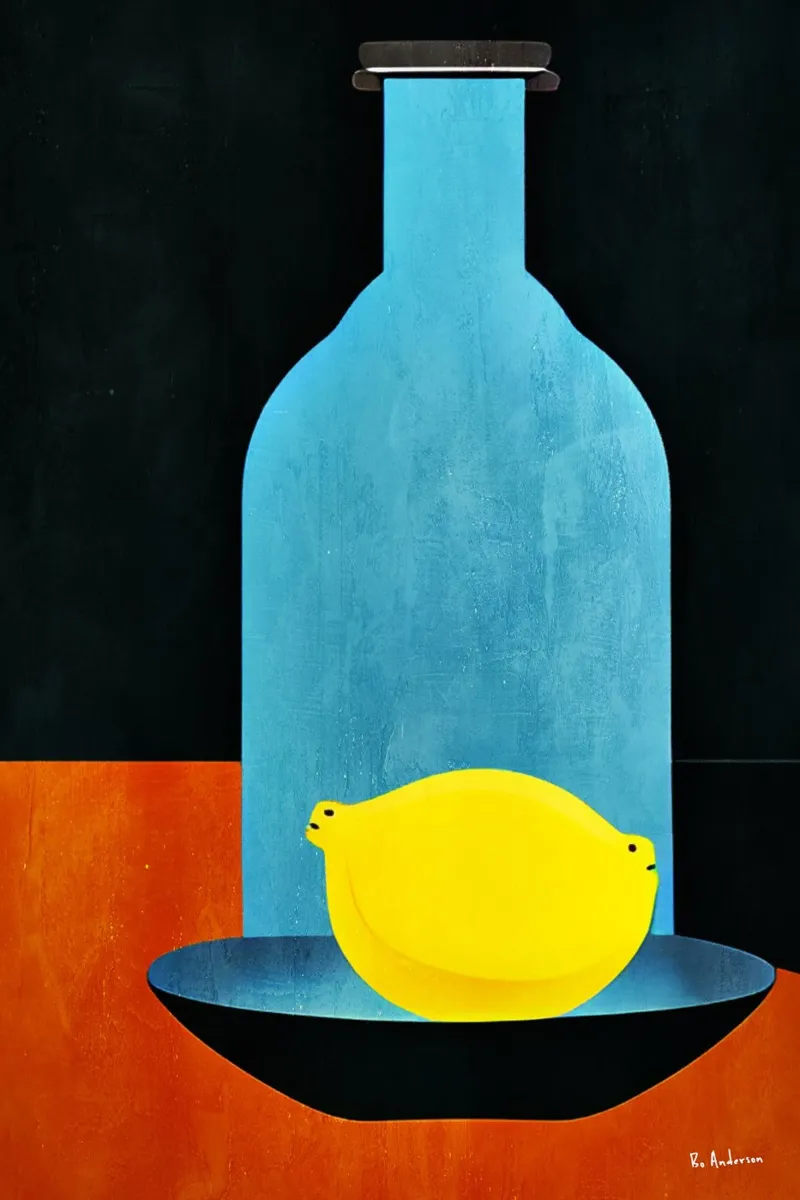 Blue Bottle With (Happy) Lemon carta hahnemühle da Bo Anderson