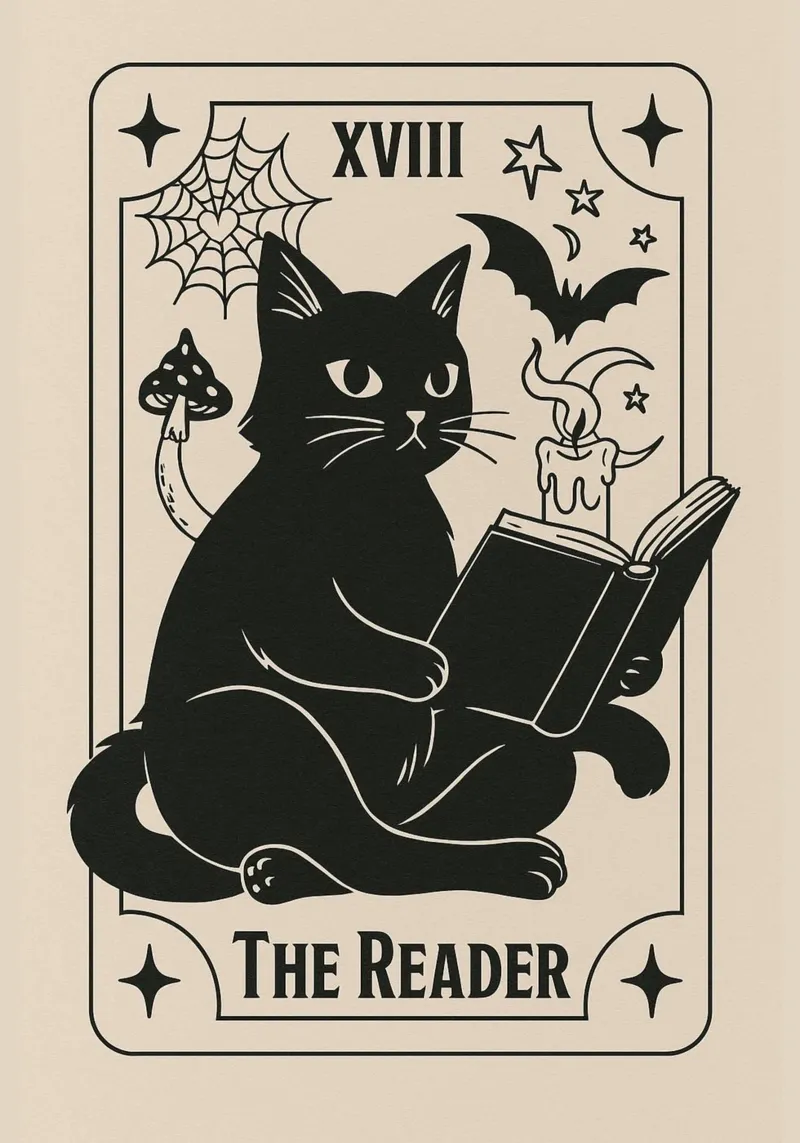 The Reader Tarot Card, Cute Black Cat, Witchy Art canvas with Floater frame by vintagepod