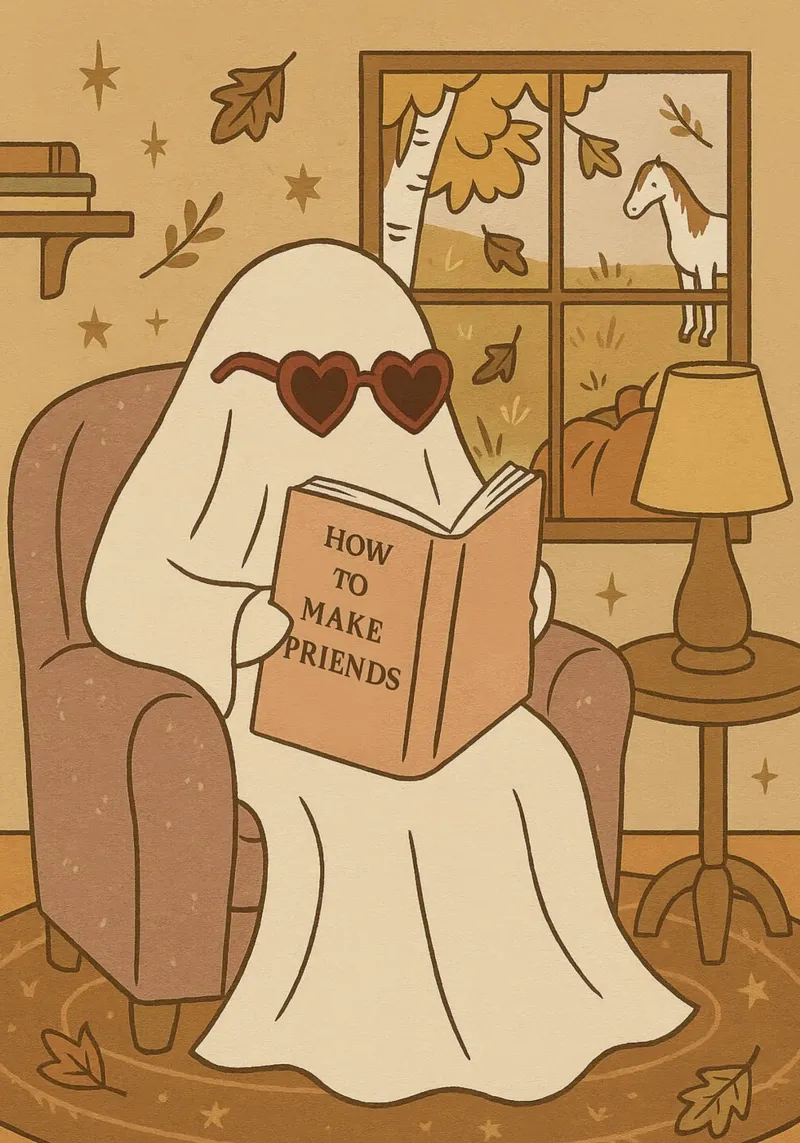 Cute Ghost Reading, "How to Make Friends" Art, Cozy Decor canvas with Floater frame by vintagepod