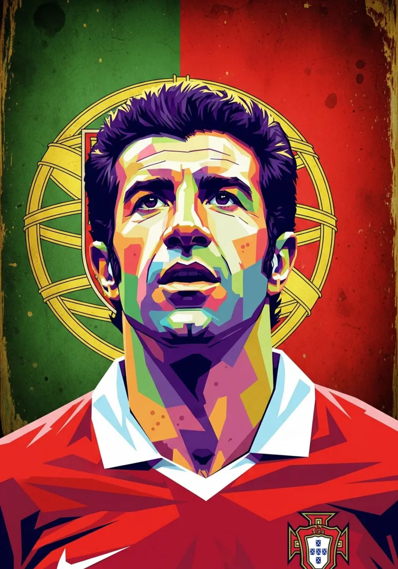 Ritratto pop art di Luis Figo poster con telaio in alluminio da Hantamrata