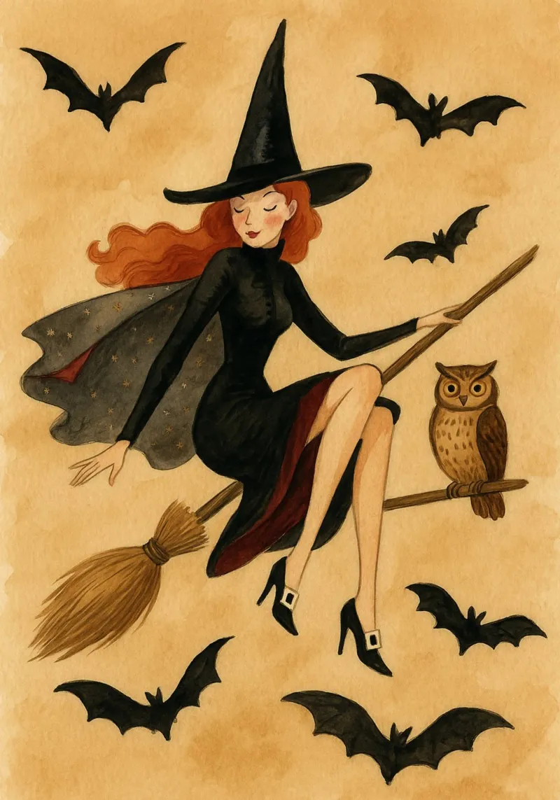 Strega vintage che vola a manico di scopa Halloween Arte del gufo tela con Cornice a cassetta da vintagepod