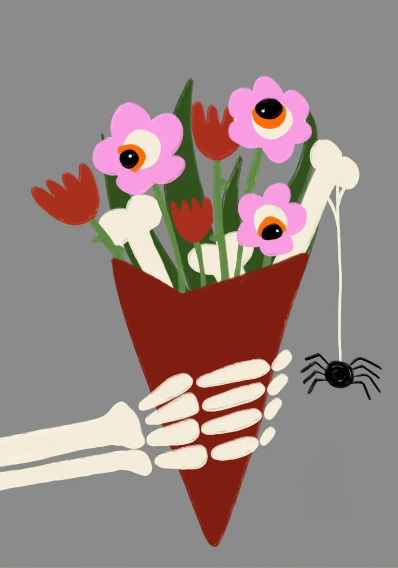 Bouquet di fiori a forma di mano di scheletro Arte spettrale poster con telaio in alluminio da vintagepod