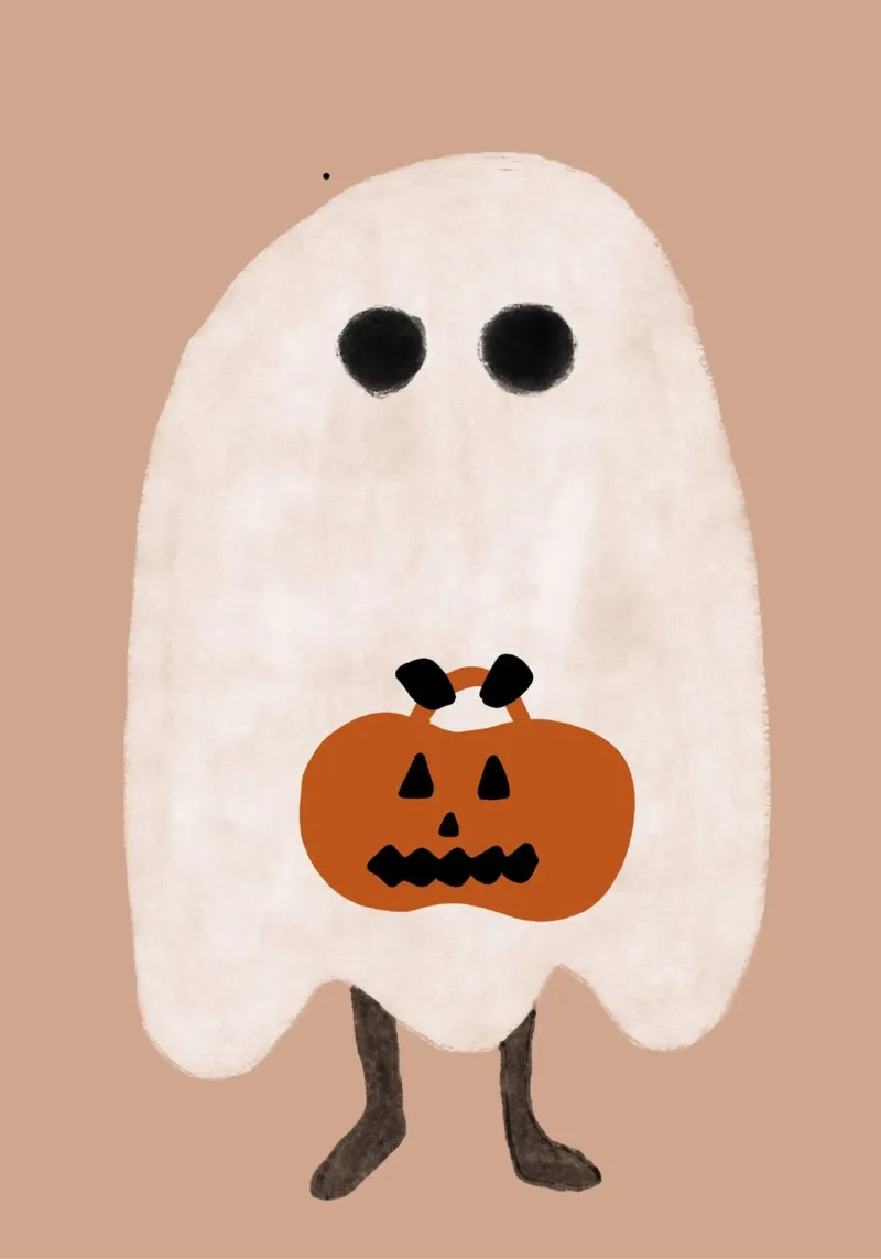Poster minimalista con cestino di zucca fantasma poster da vintagepod