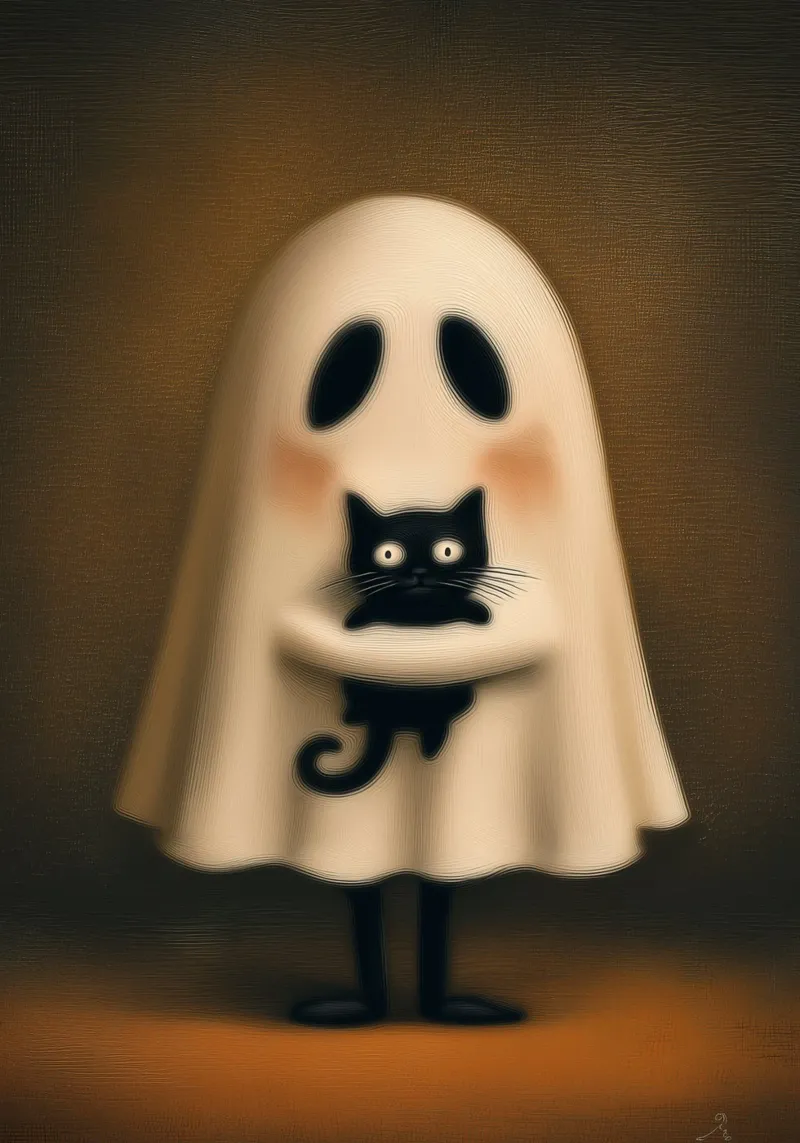 Cute Ghost Hugging Black Cat Halloween Art canvas with Floater frame by vintagepod