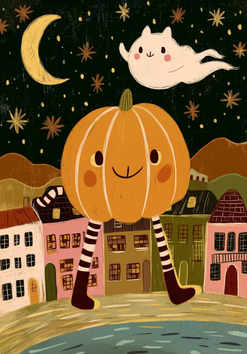 Carino il villaggio fantasma di Halloween con le zampe di zucca poster da vintagepod