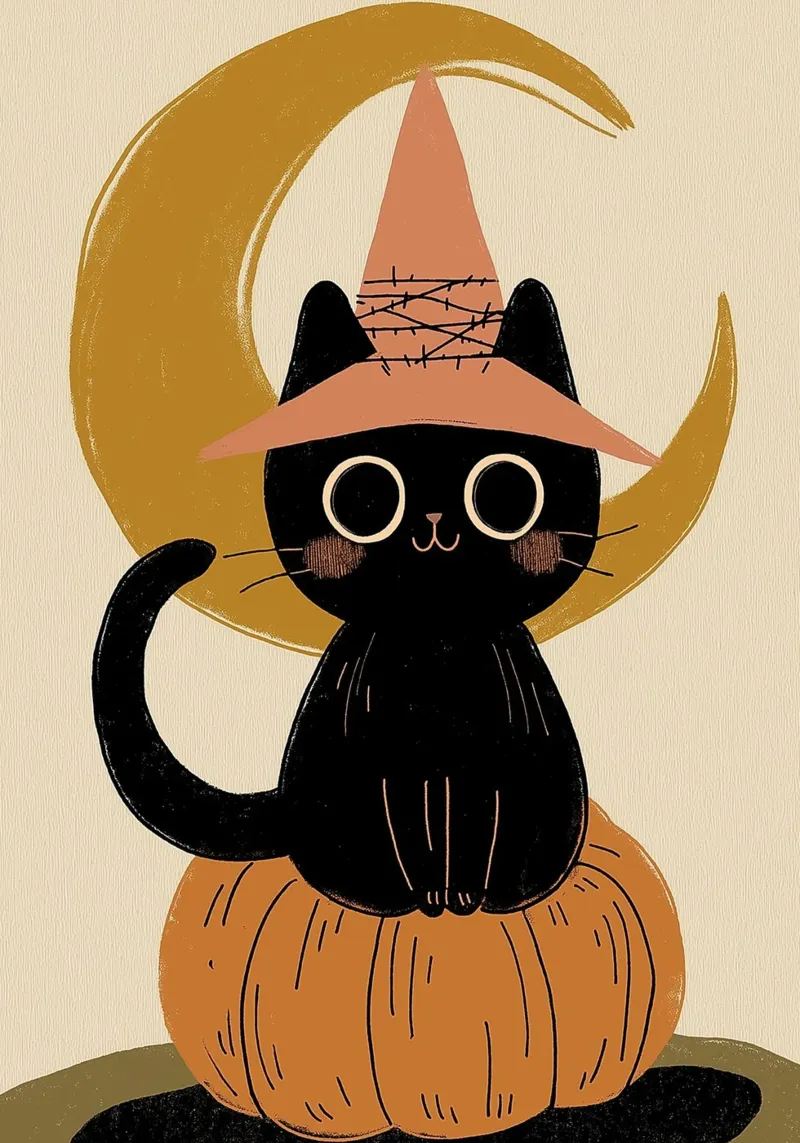 Gatto nero carino con cappello da strega Poster di Halloween poster con telaio in plastica da vintagepod