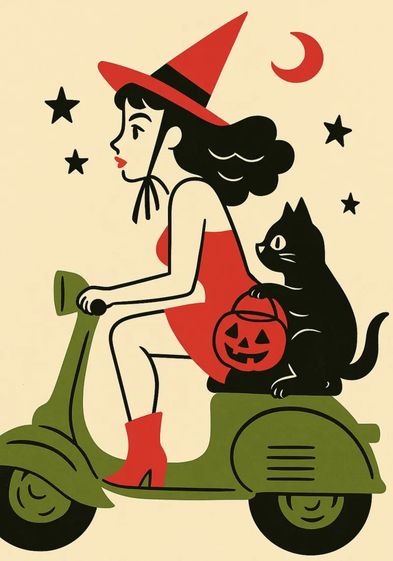 Heksje Vrouw Scooter Zwarte Kat Retro Halloween canvas met Baklijst van vintagepod