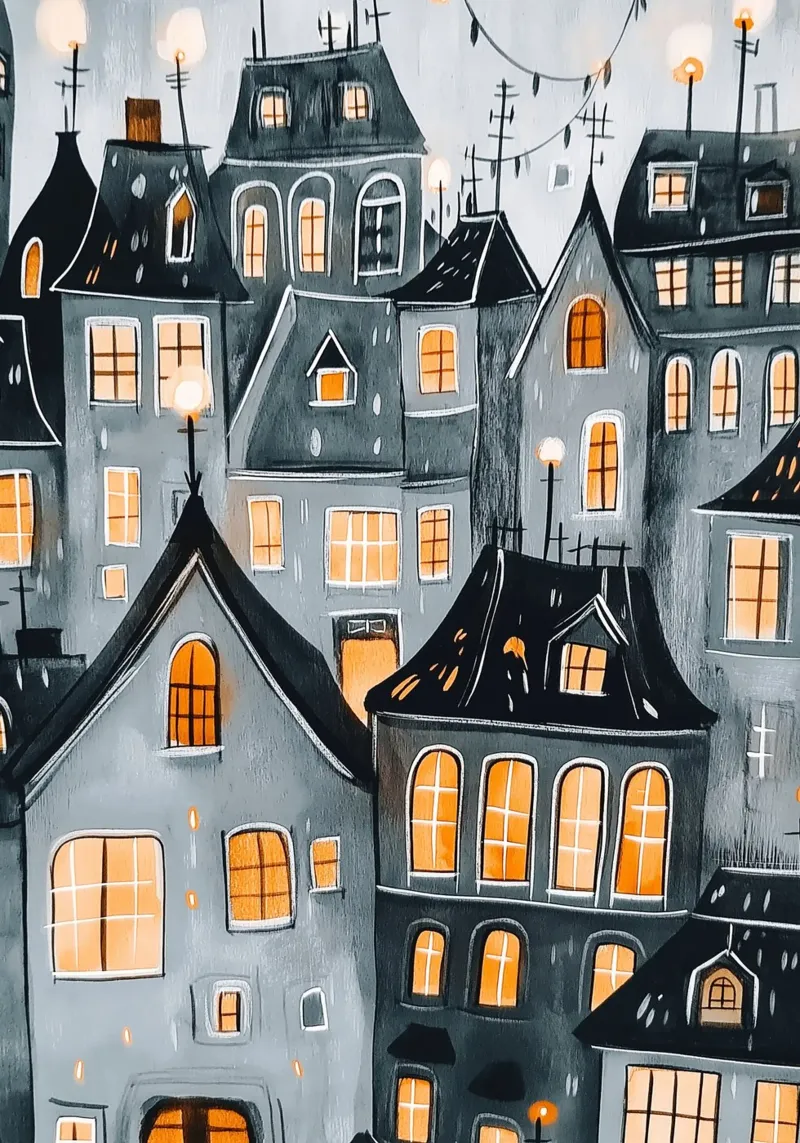 Whimsical Stad bij Nacht Art Print - Gezellige Europese Stad canvas met Baklijst van vintagepod