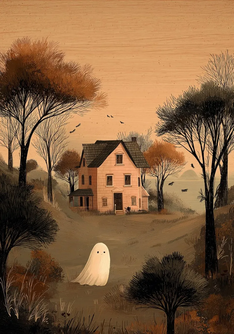 Niedlicher Geist in der Nähe von Haunted House Kunstdruck Leinwand mit Schattenfugenrahmen von vintagepod