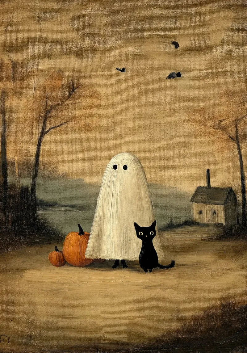 Un simpatico fantasma e un gatto nero - Arte di Halloween vintage poster da vintagepod