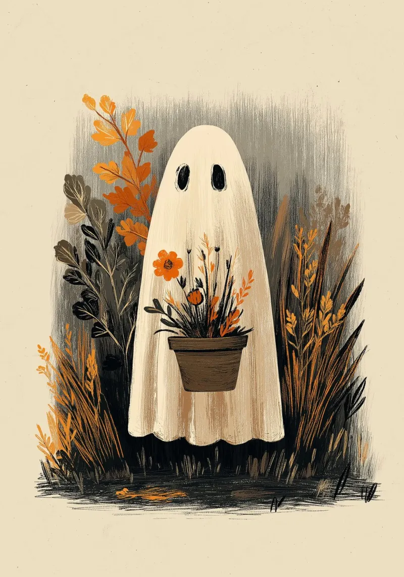Un simpatico fantasma con una pianta - Accogliente arte di Halloween poster da vintagepod