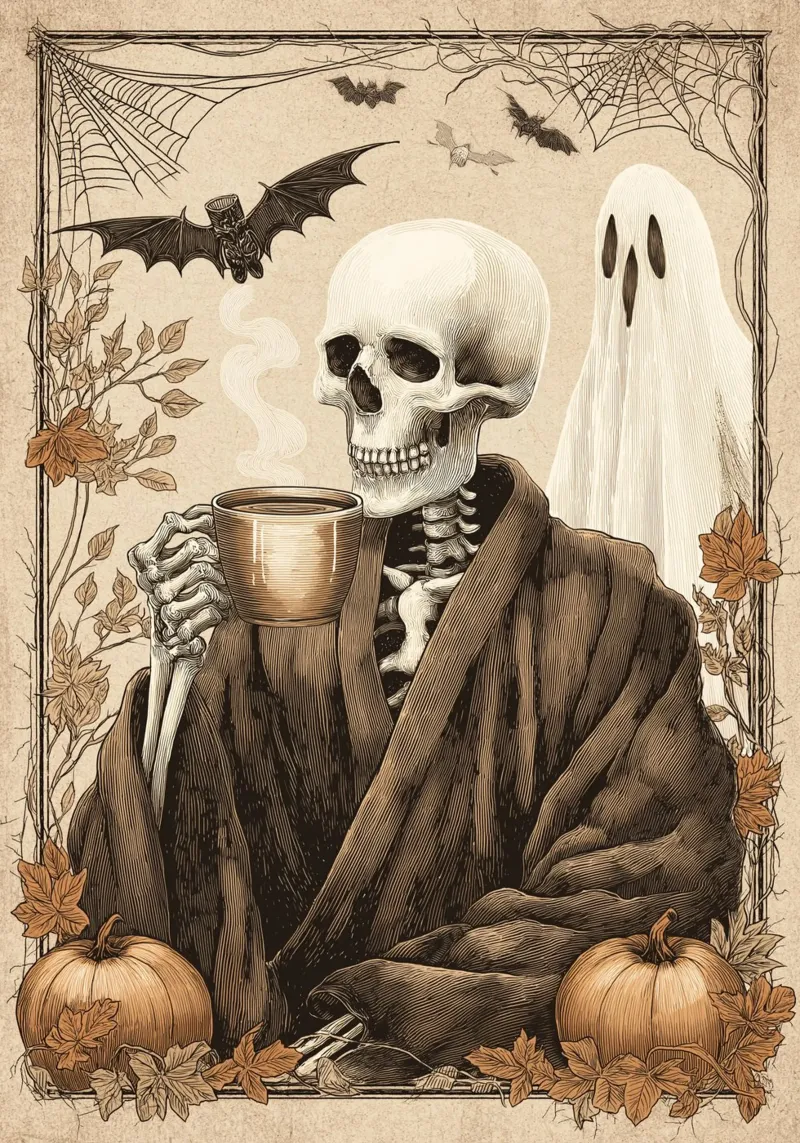 Scheletro che beve caffè - Stampa vintage di Halloween poster con telaio in legno da vintagepod