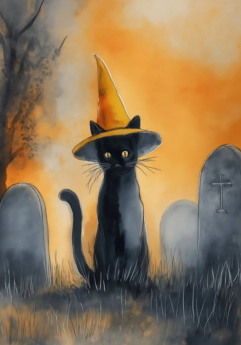 Schwarze Katze mit Hexenhut - Halloween Aquarell Leinwand mit Schattenfugenrahmen von vintagepod