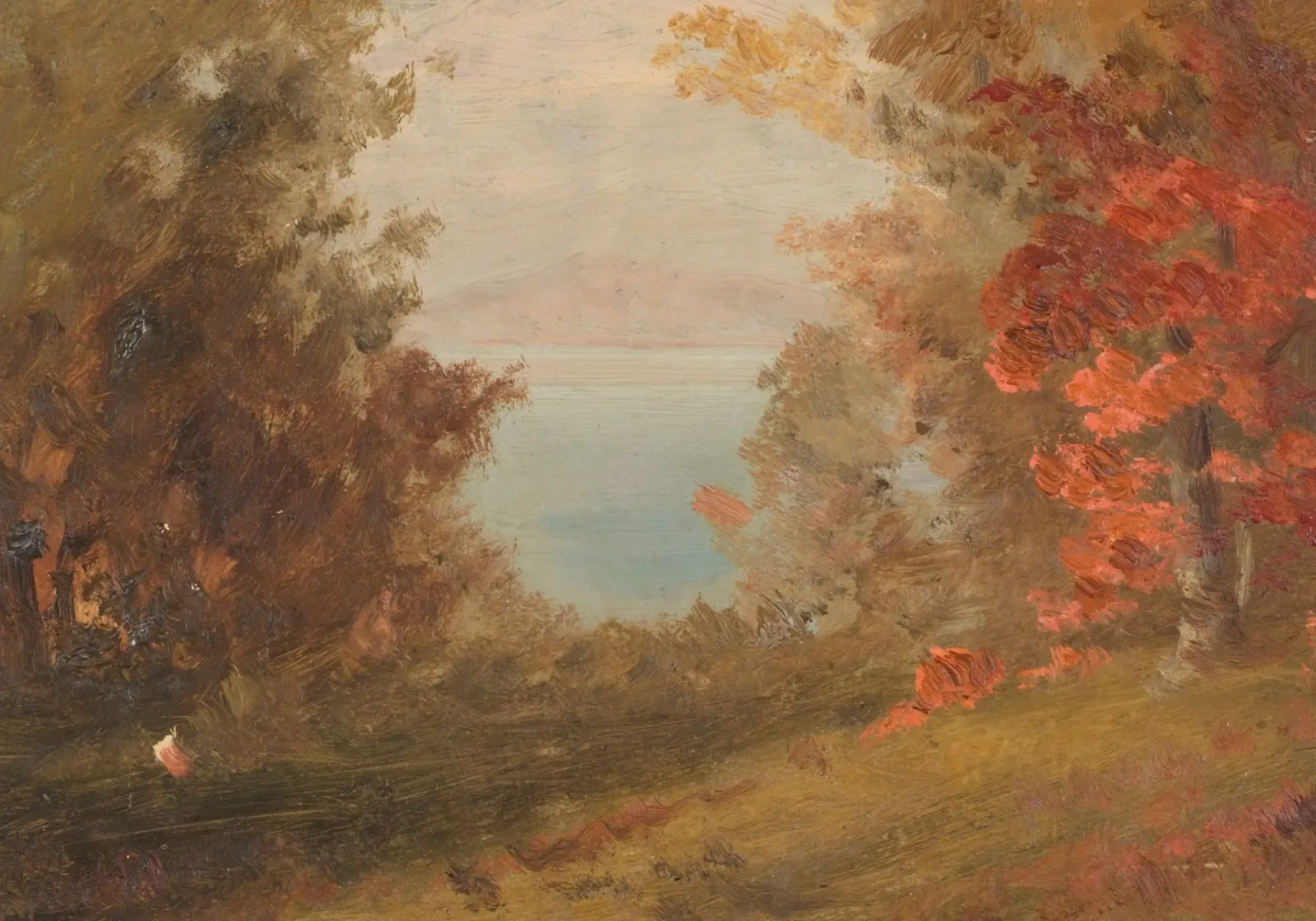 Vista sul lago d'autunno - Arte del paesaggio rustico d'epoca poster con telaio in alluminio da vintagepod