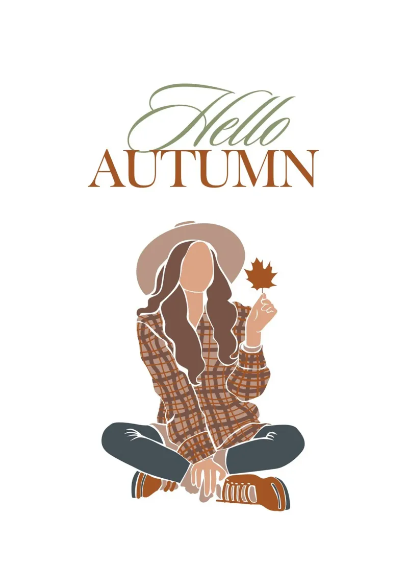 Hello Autumn Boho Girl Estampado de cuadros otoñales lienzo con Marco flotante de vintagepod