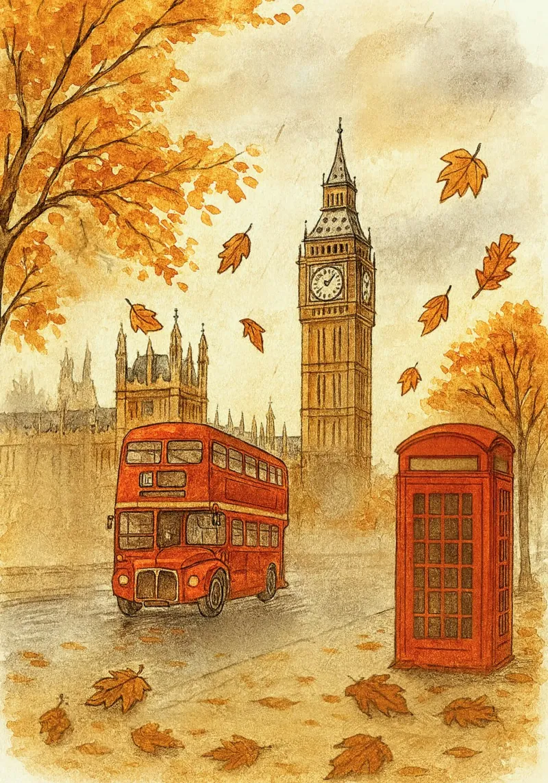 Londra Autunno Big Ben Autobus a due piani Stampa poster con telaio in plastica da vintagepod
