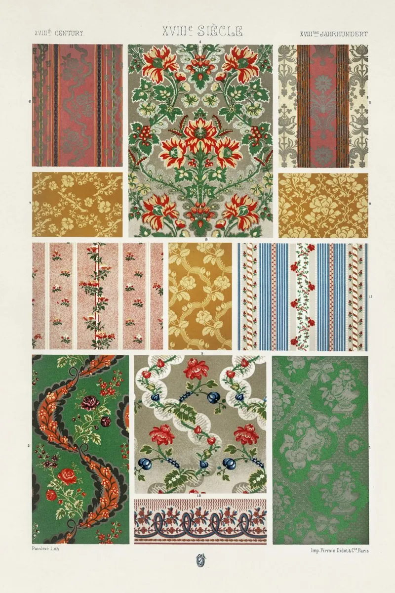 Cartamodello tessile francese d'epoca del XVIII secolo poster con telaio in alluminio da vintagepod