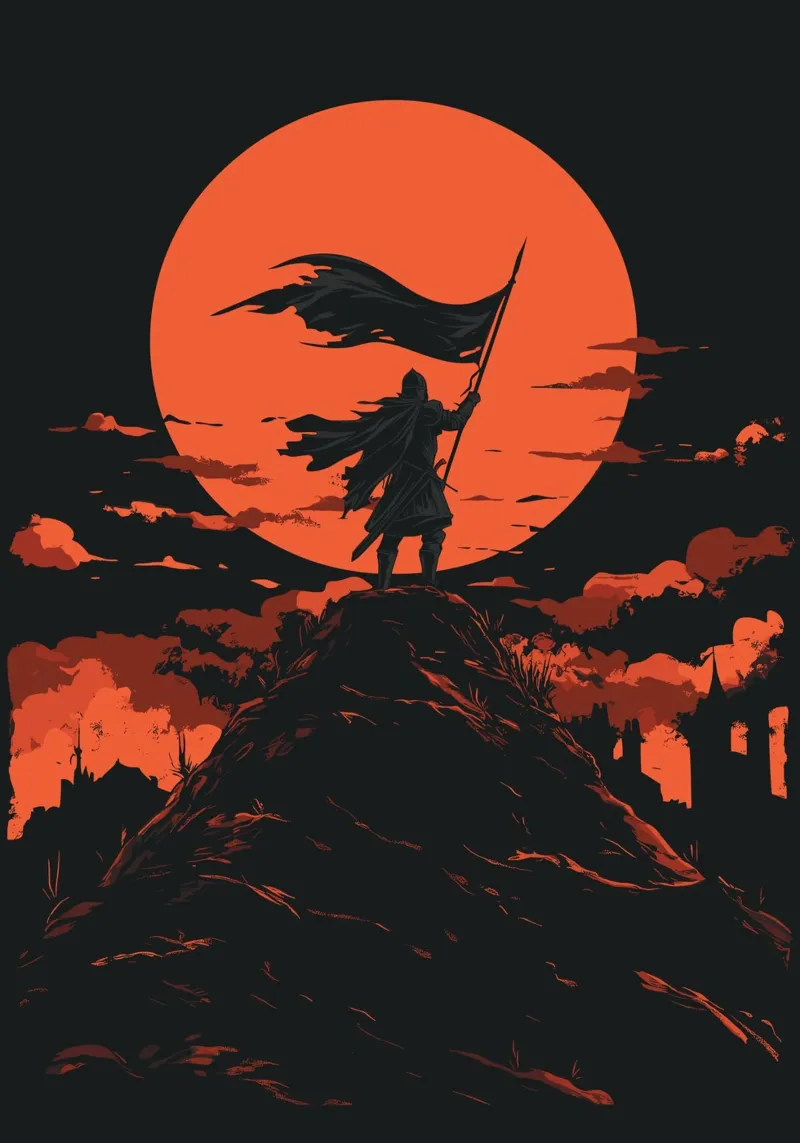 Guerrieri davanti a una luna rosso sangue poster con telaio in plastica da pixelbull - medieval art and more