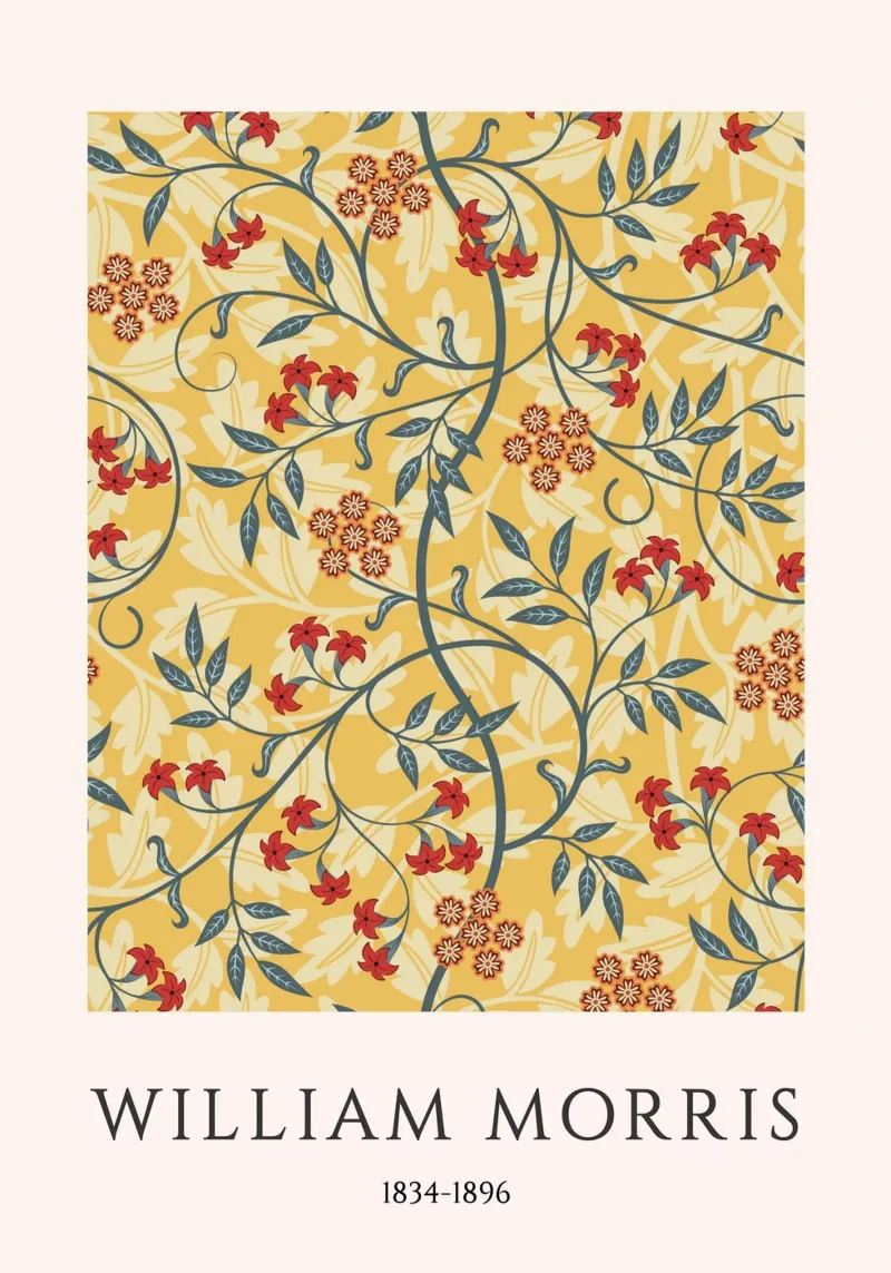 William Morris Rood Bloemen Victoriaans Behang Print canvas met Baklijst van vintagepod