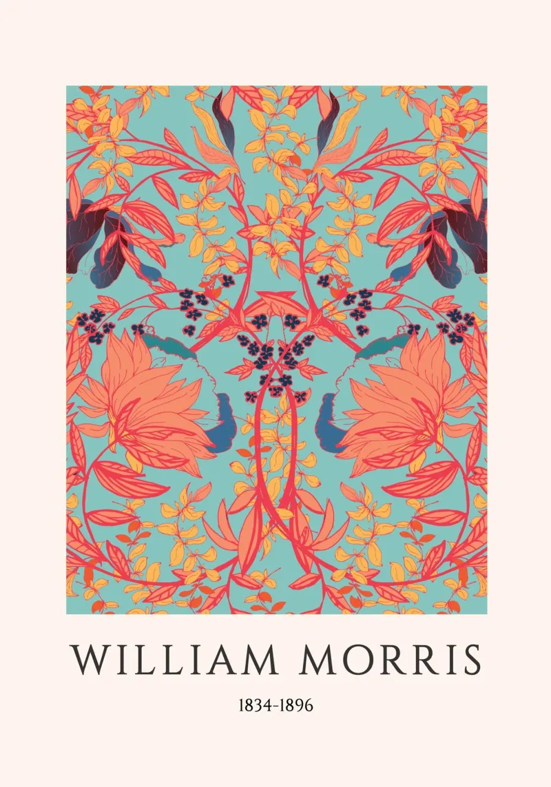William Morris Arts & Crafts Blauwe Bloemenprint canvas met Baklijst van vintagepod