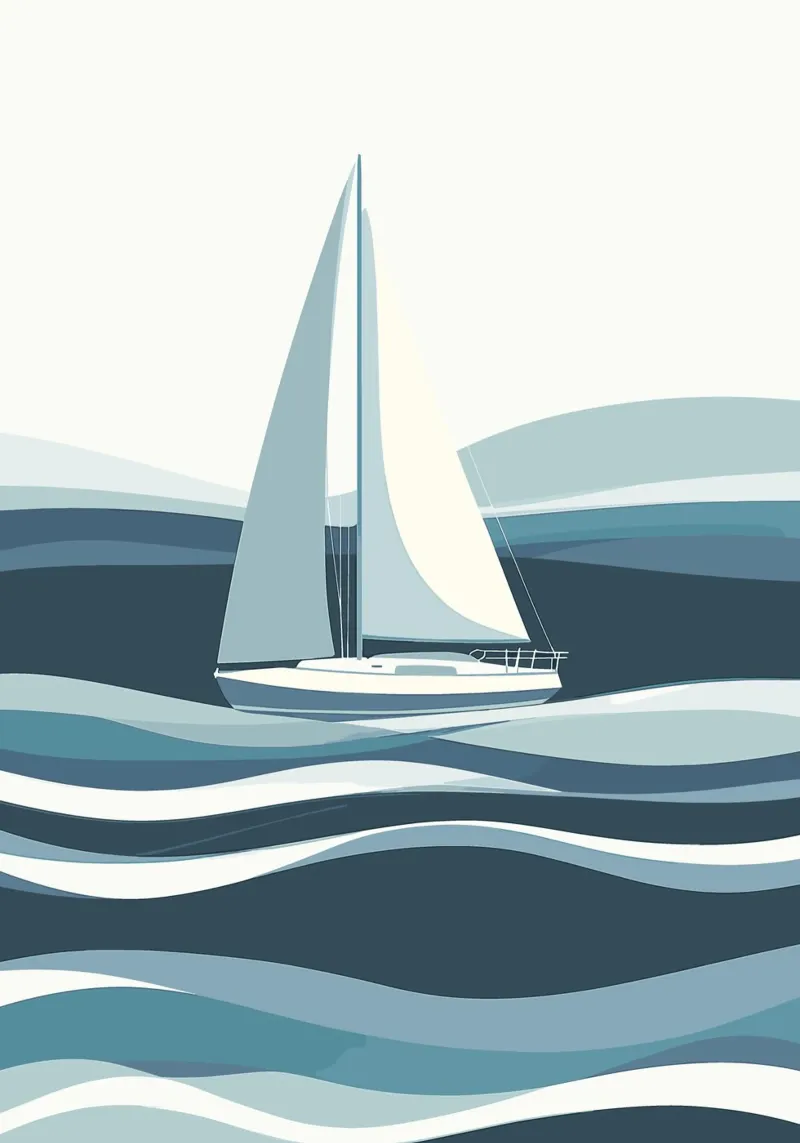 Barca a vela su un oceano stilizzato poster con telaio in alluminio da pixelbull - medieval art and more
