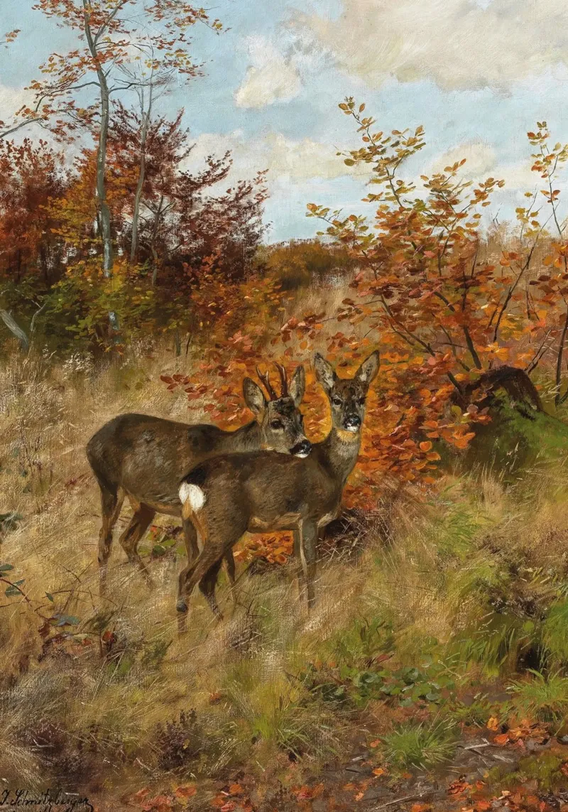 J. Christensen Due caprioli in autunno Stampa ad olio poster con telaio in alluminio da vintagepod