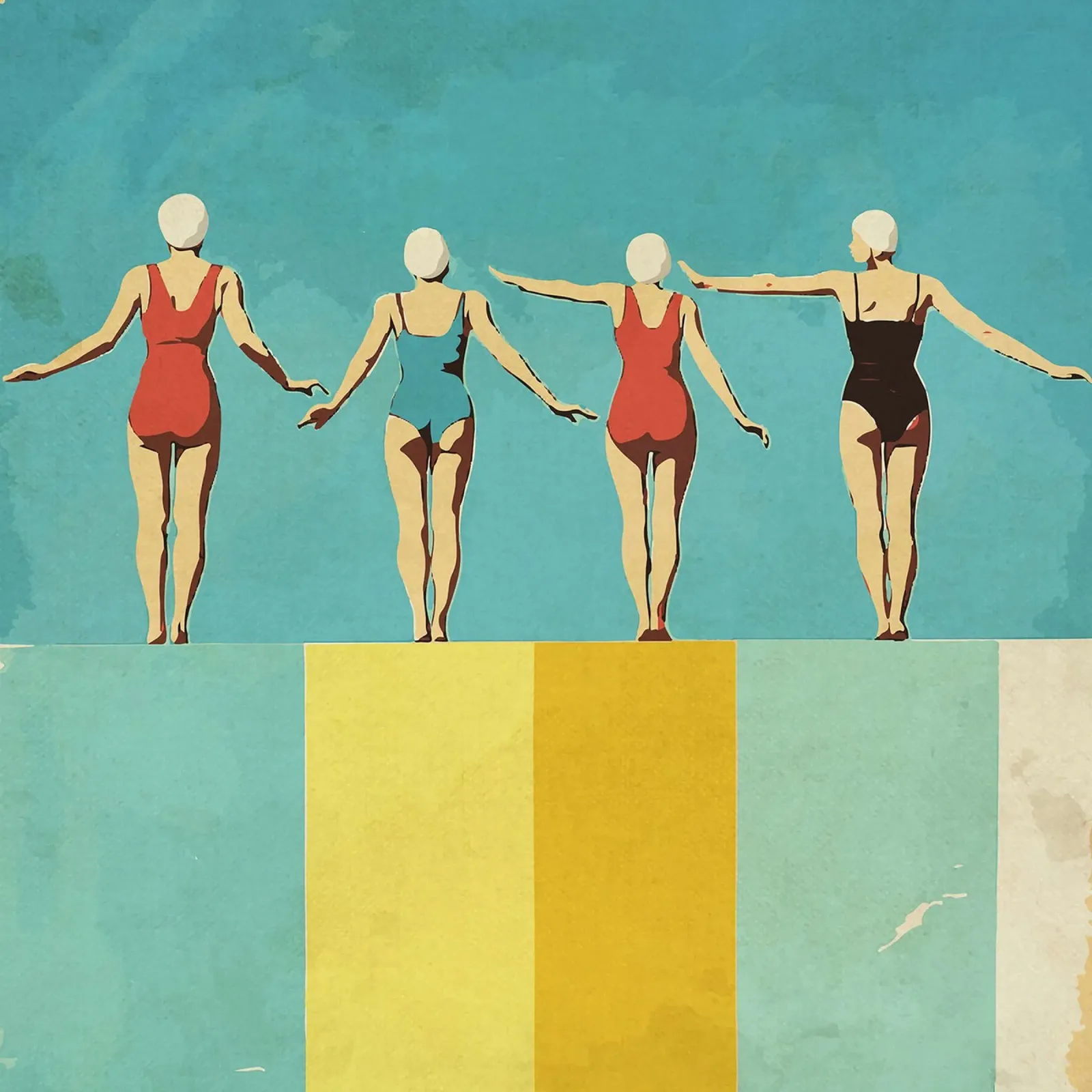 Quattro figure sulla piscina poster con telaio in alluminio da Rita