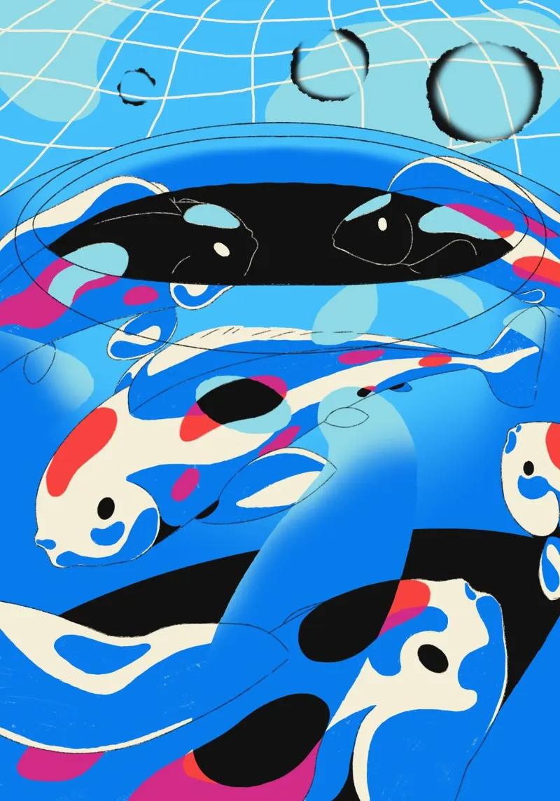 Koi on The Bowl poster con telaio in legno da illustfire