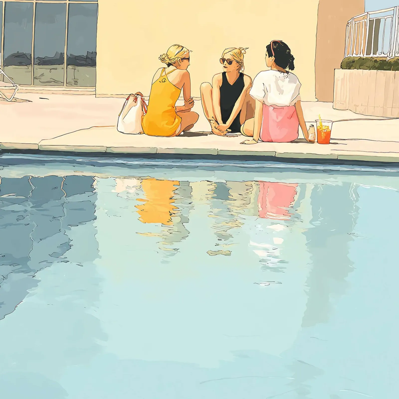 Tre amici in piscina poster con telaio in alluminio da Rita