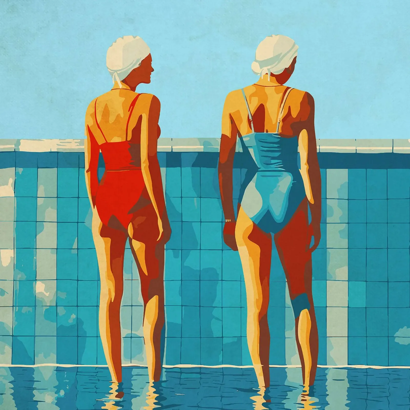 Donne in piscina poster con telaio in alluminio da Rita