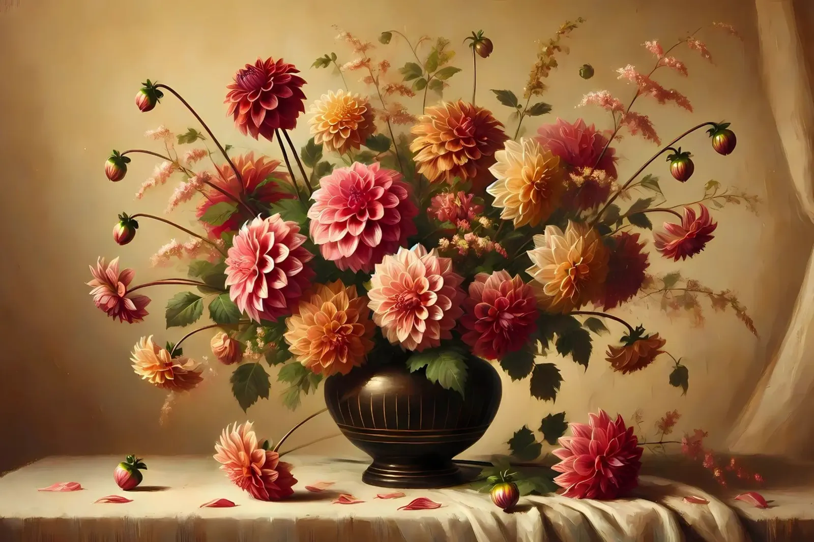 Victorian Dahlia Bouquet canvas with Floater frame by VintageBotanics