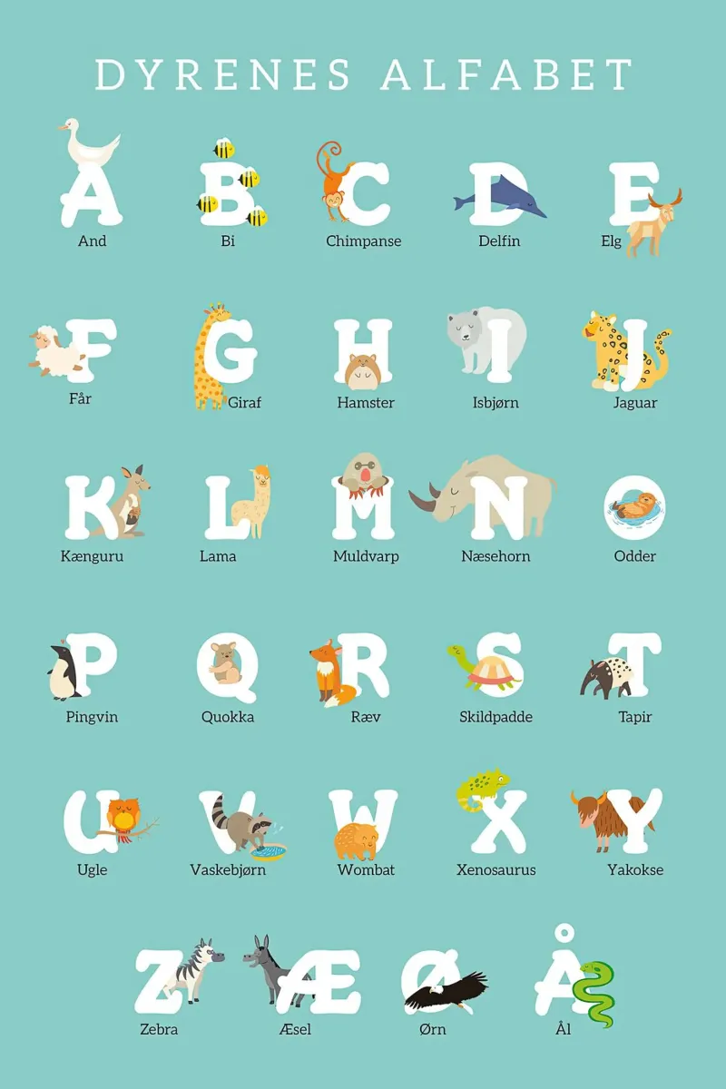 Animali Alfabeto Danese poster con telaio in plastica da MelisaArt