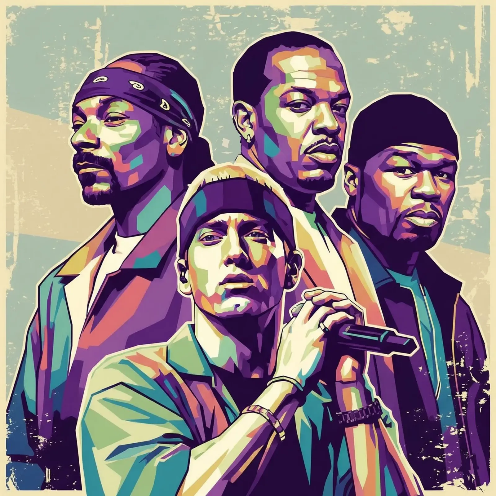 De grote vier hiphoplegendes canvas met Baklijst van Hantamrata