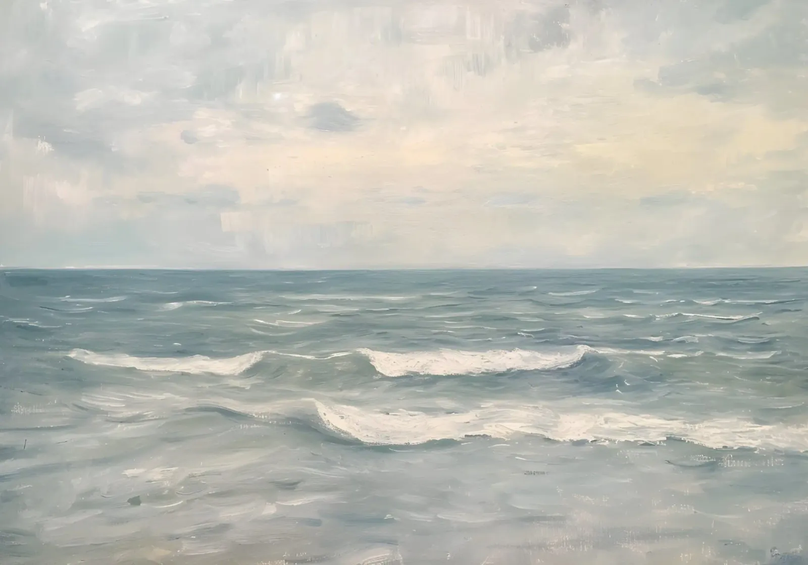 Bewolkt zeegezicht olieverfschilderij - Rustige oceaan golven kunst poster met aluminium frame van dawnthesea