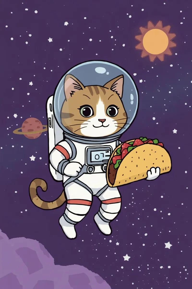 Gatto astronauta che mangia un taco nello spazio poster con telaio in alluminio da DesignDoodle