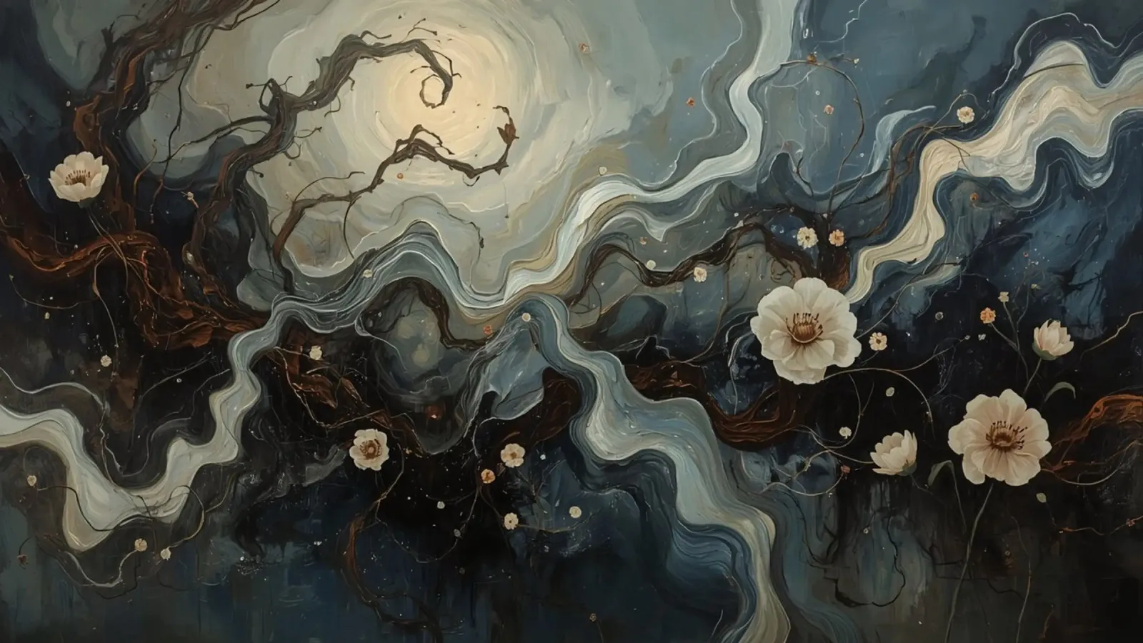 Pittura ad olio astratta con rami e fiori poster con telaio in legno da DesignDoodle
