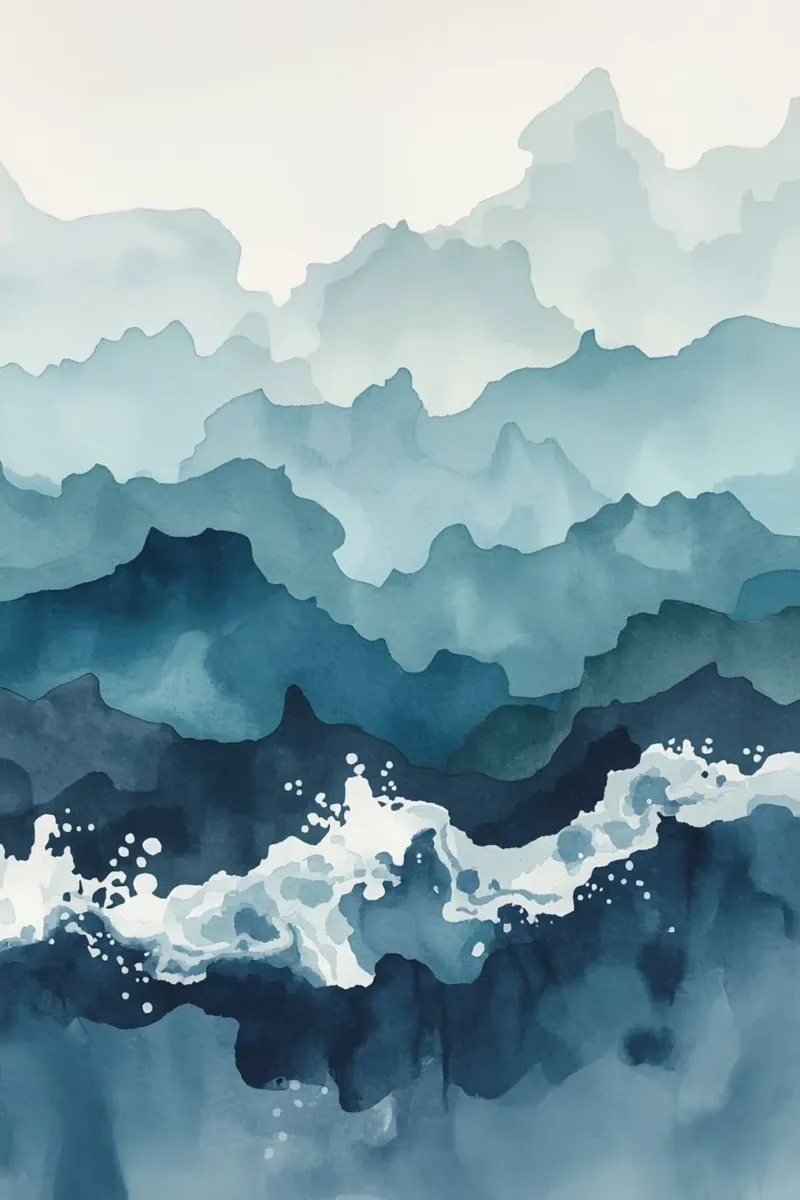 Montagne e onde astratte ad acquerello poster con telaio in alluminio da DesignDoodle