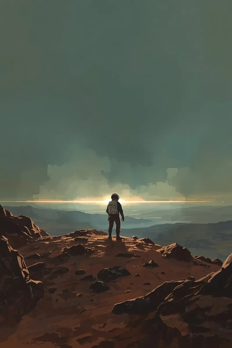 Astronaut op rotsachtig terrein die naar de horizon staart canvas met Baklijst van DesignDoodle