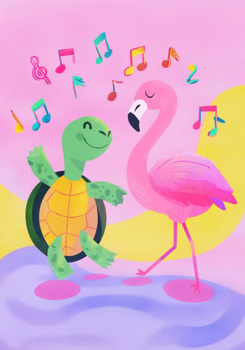 Dancing Turtle & Flamingo poster con telaio in plastica da Kiara