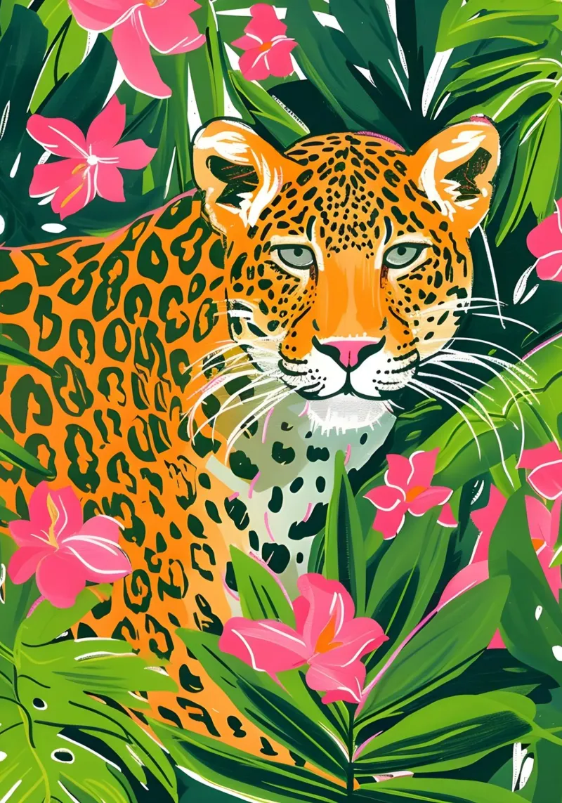 Leopard im Dschungel - Lebendiger Pop-Art-Botanikdruck Leinwand mit Schattenfugenrahmen von dawnthesea